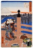 Utagawa Hiroshige (1797 – October 12, 1858) was a Japanese ukiyo-e artist, and one of the last great artists in that tradition. He was also referred to as Andō Hiroshige, and by the art name of Ichiyūsai Hiroshige. Among many masterpieces, Hiroshige is particularly remembered for 'The Sixty-nine Stations of the Kisokaidō' (1834–1842) and 'Thirty-six Views of Mount Fuji' (1852–1858).